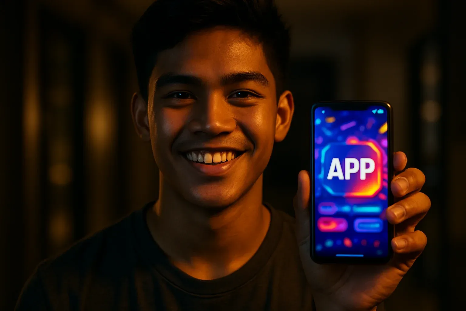 Young Filipino man smiling, holding smartphone showing glowing gaming app screen