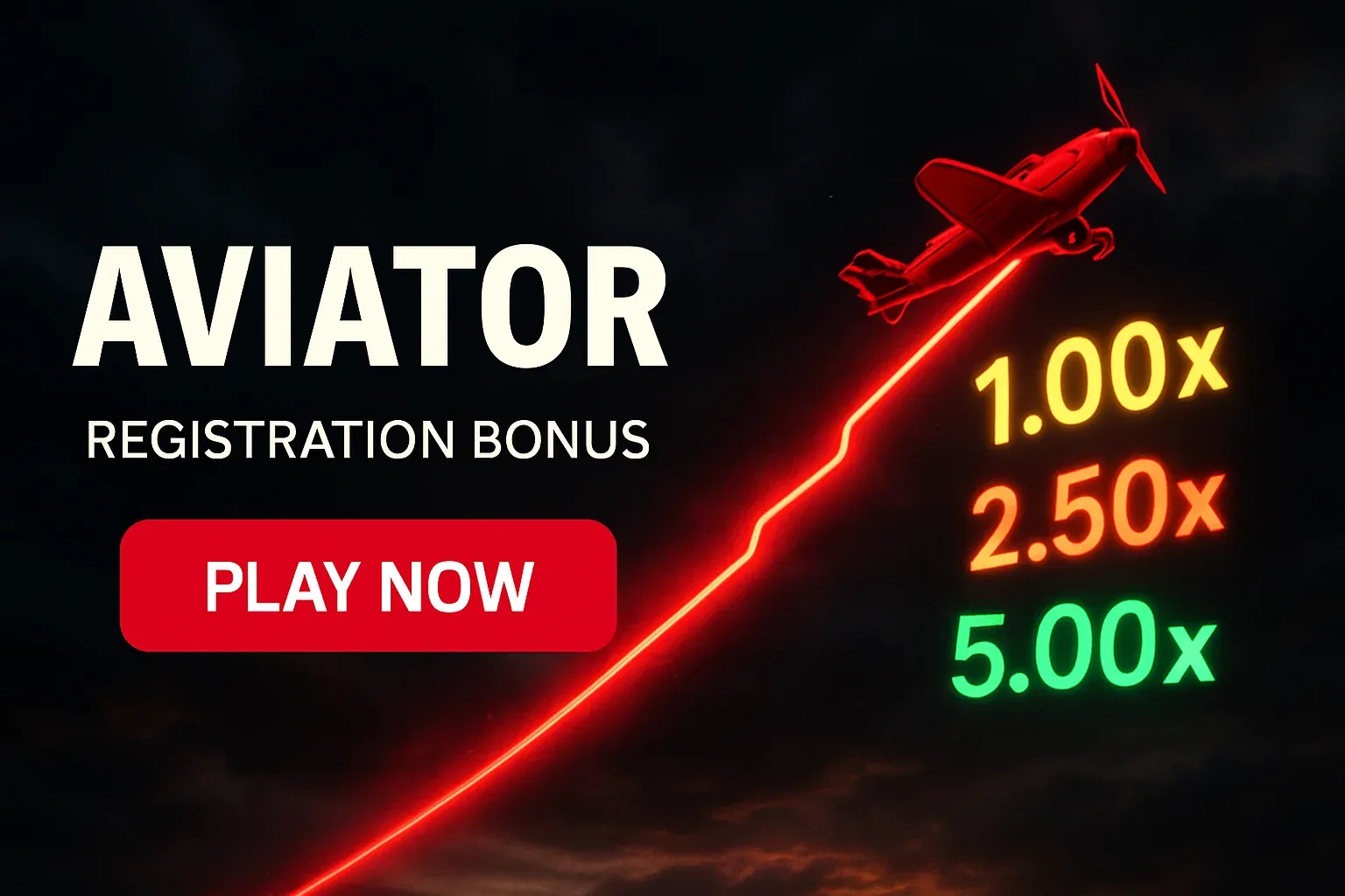 Aviator crash game banner with red plane, neon trail, multipliers and CTA