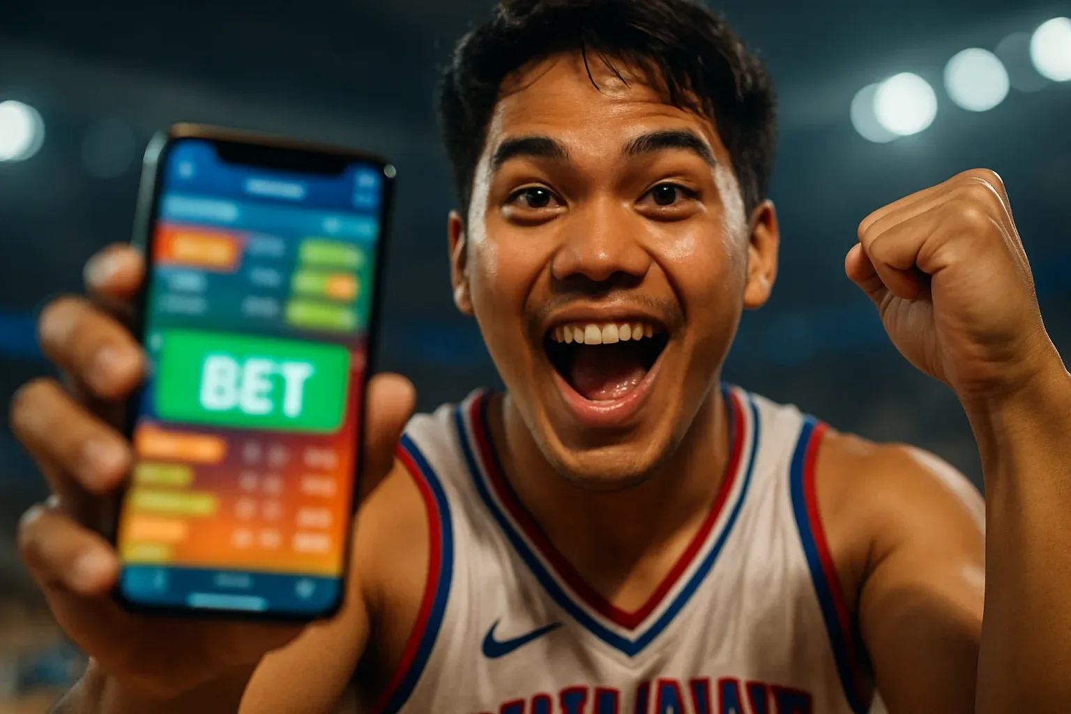 Young Filipino man cheering, holding smartphone with blurred sports betting screen