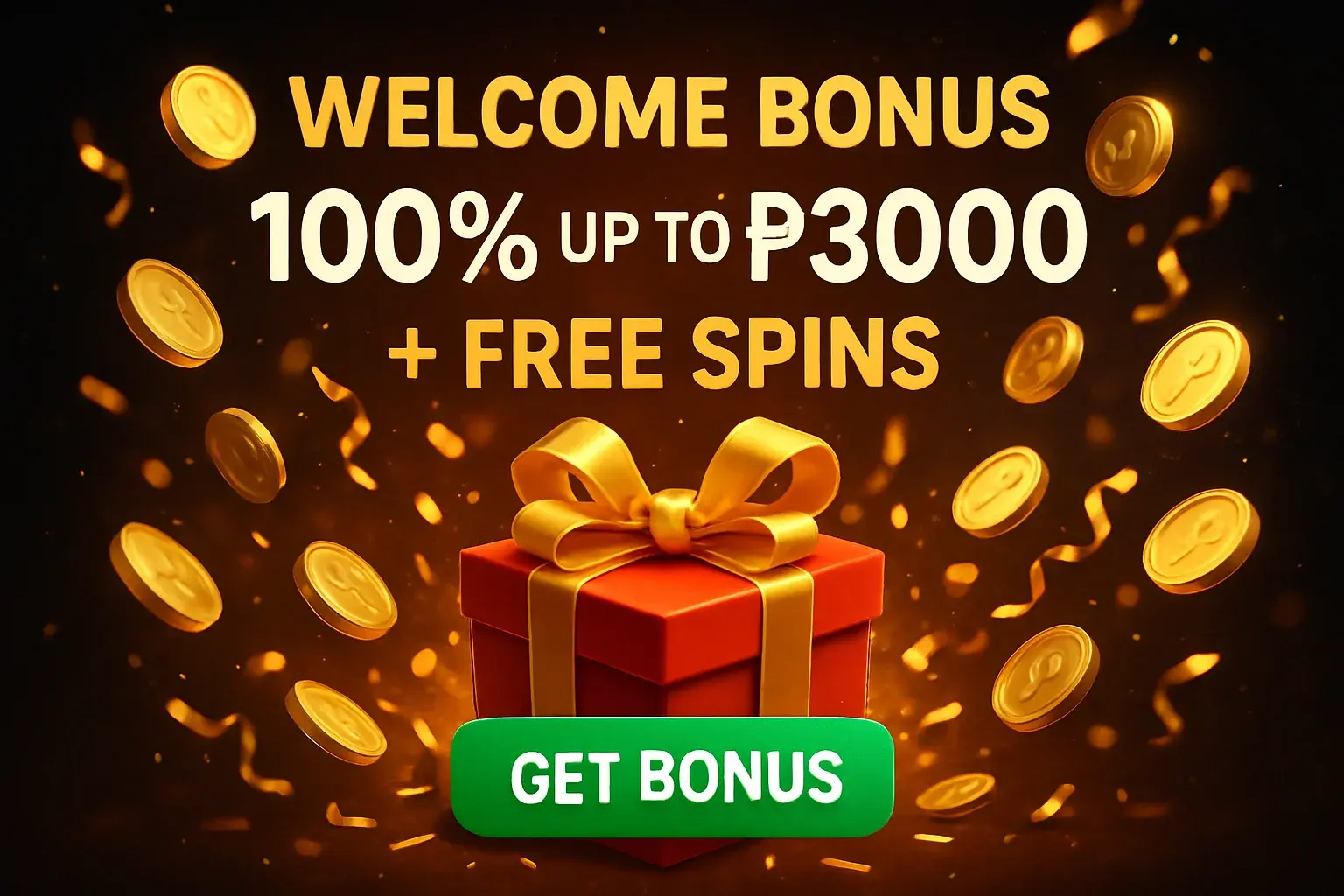 Festive casino welcome bonus banner with gift box, coins, and CTA button