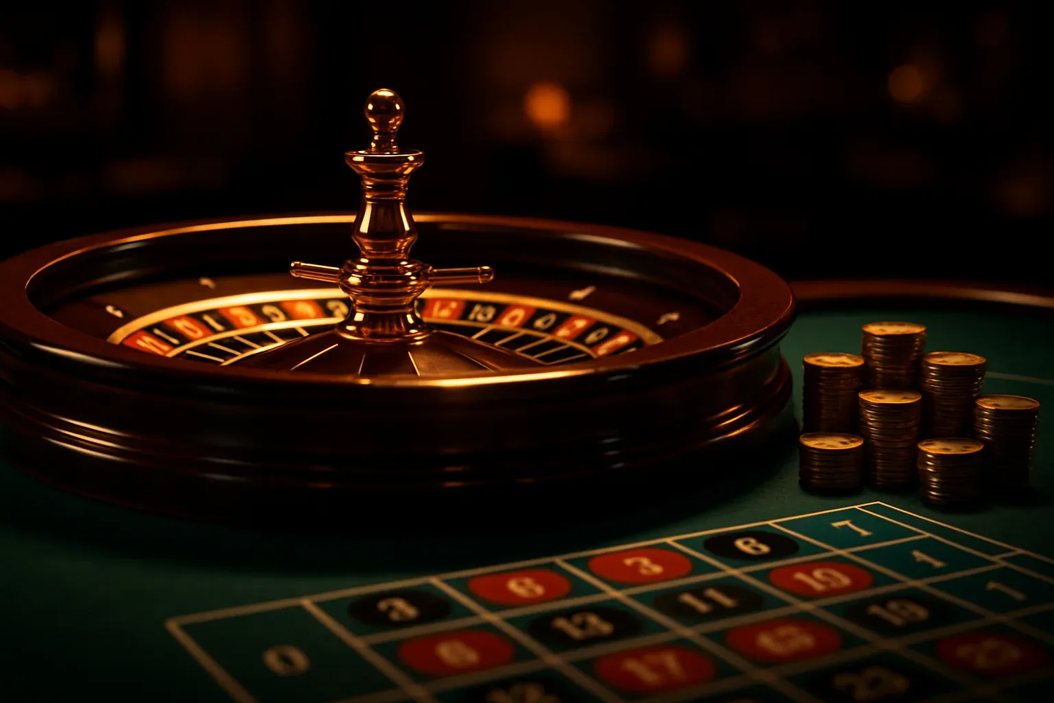 Hyperrealistic live casino table with glowing roulette wheel and golden chips