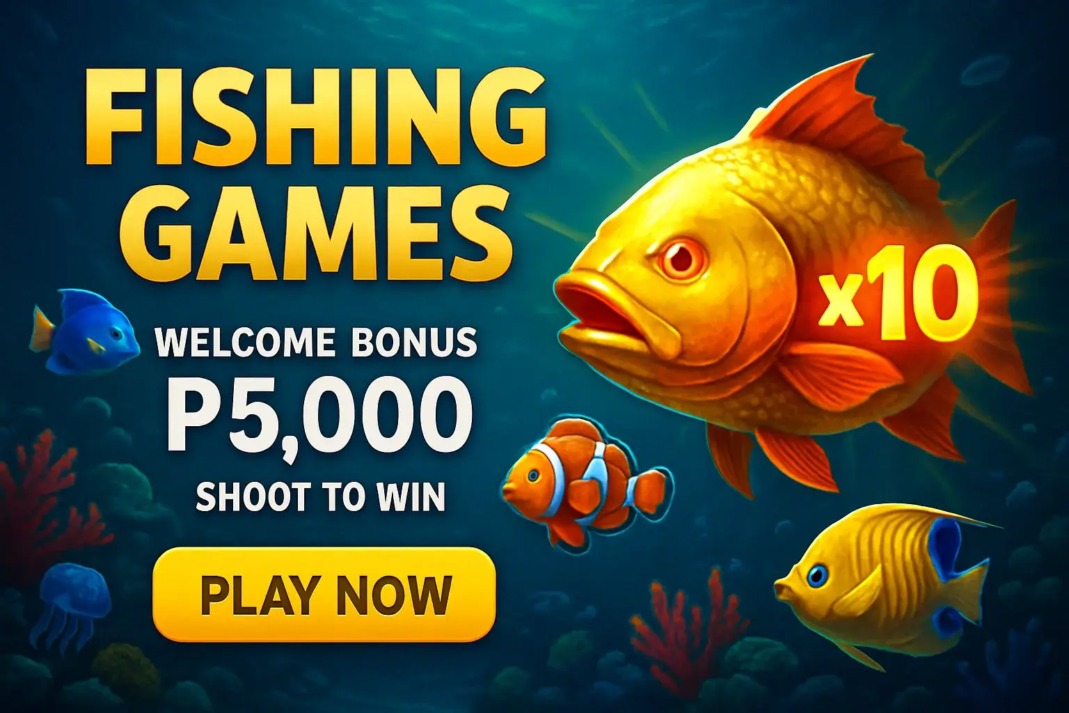 Underwater fishing arcade banner with golden boss fish and Philippines bonus