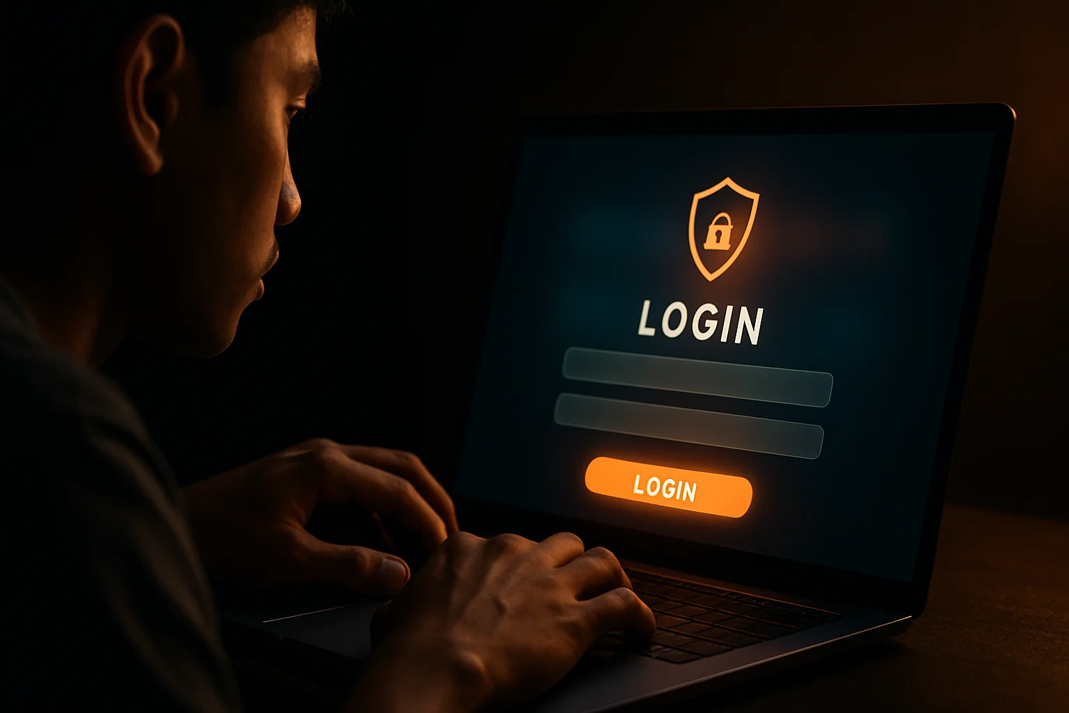 Filipino man hands typing on laptop with bold LOGIN sign-in form