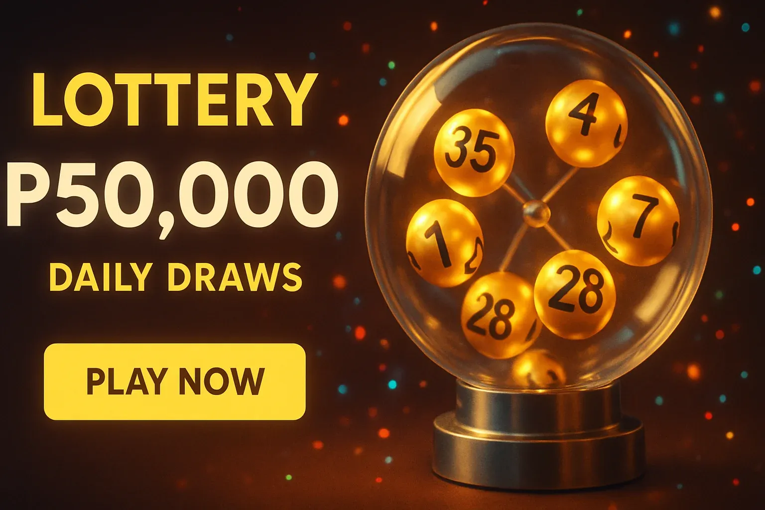 Festive lottery banner with golden balls, draw machine, Philippines jackpot, play now