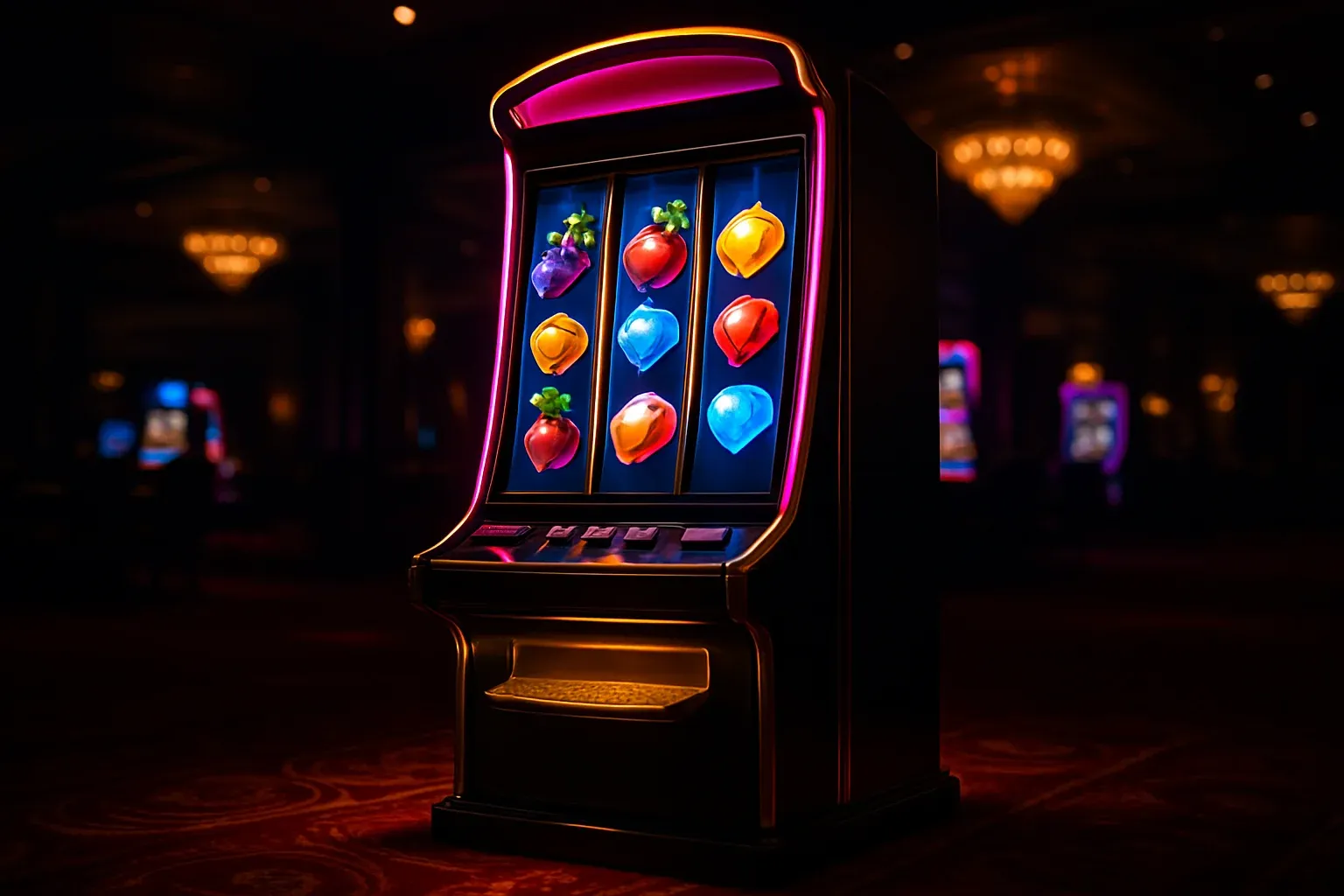 Hyperrealistic wide shot of complete slot machine in dark luxury casino