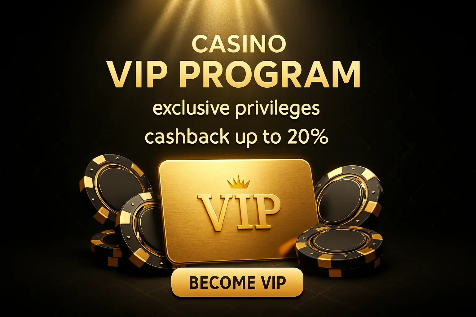 Luxurious black and gold casino VIP banner with card, chips, and cashback offer